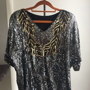 Vintage Sequined Black, Silver, Gold Blouse